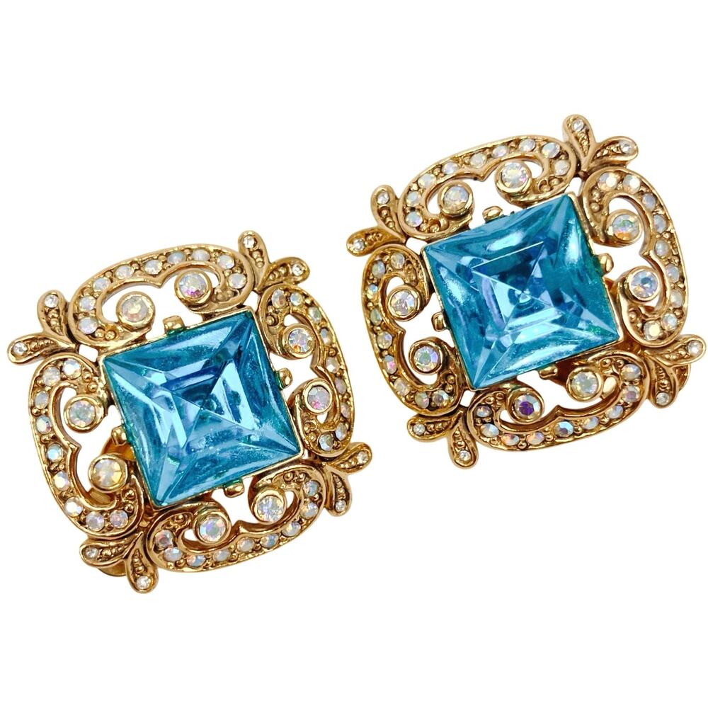 Vintage Signed Joan Rivers Gold Tone Aqua Glass AB Filigree Clip-On Earrings